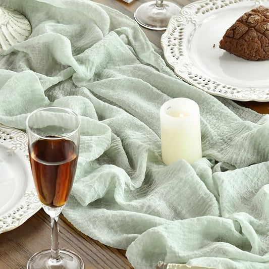 Artoid Mode Boho Sage Green Gauze 6 Pieces Wedding Table Runner, 120 Inch Seasonal Fabric Kitchen Dining Holiday Table Decor for Home Party Indoor