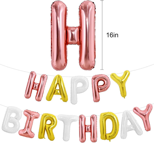 TONIFUL Happy Birthday Balloons Banner 16 Inch Mylar Foil Letters Birthday Sign Reusable for Girls Boys Kids & Adults Birthday Party Decorations Supplies(Rose Gold Gold White)