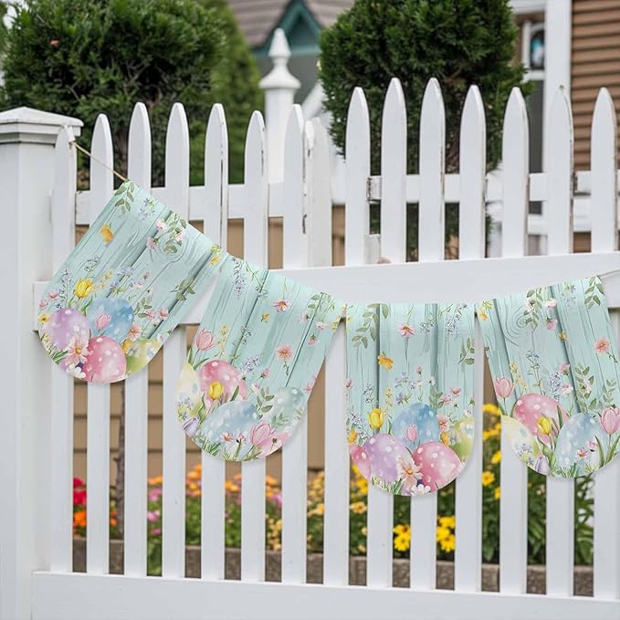 Easter Eggs Banner 4Pcs Indoor Outdoor Hanging Banner Flag Spring Daisy Eucalyptus Leaves Teal Wooden Sign for Fireplace Mantel Decorative Bunting Garland Valance for Shop Door Mantle Decor 9.8"x15.8"