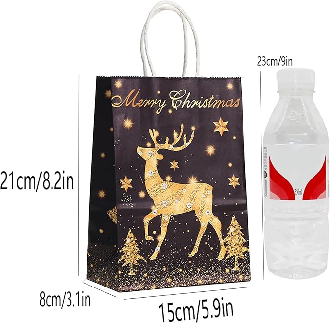 piqiya 24pcs Black Gold Christmas Gift bags with Handles,Christmas Party Favors Bags,Paper Xmas Elk Snowflake Candy Treat Bags,8.2×5.9×3.1inch(6 designs)