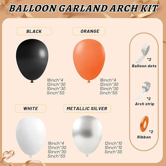 412Pcs Orange and Black Balloon Arch Kit, 18 12 10 5 Inch Different Size Orange Black White Metallic Silver Balloon for Birthday Graduation Halloween Celebration Trick or Treat Party Party Decoration