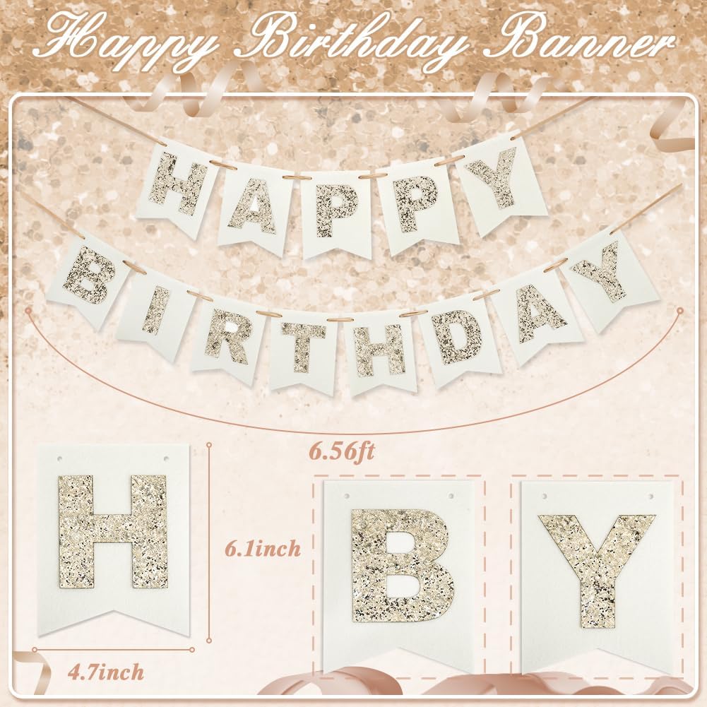 Felt Happy Birthday Banner with Glitter Letters, Cream White Boho Groovy Garland, Reusable Gold Glitter Sign, Thick Felt Bunting Decor for Sweet 16 21st 30 40 50 60 70 Birthday Party