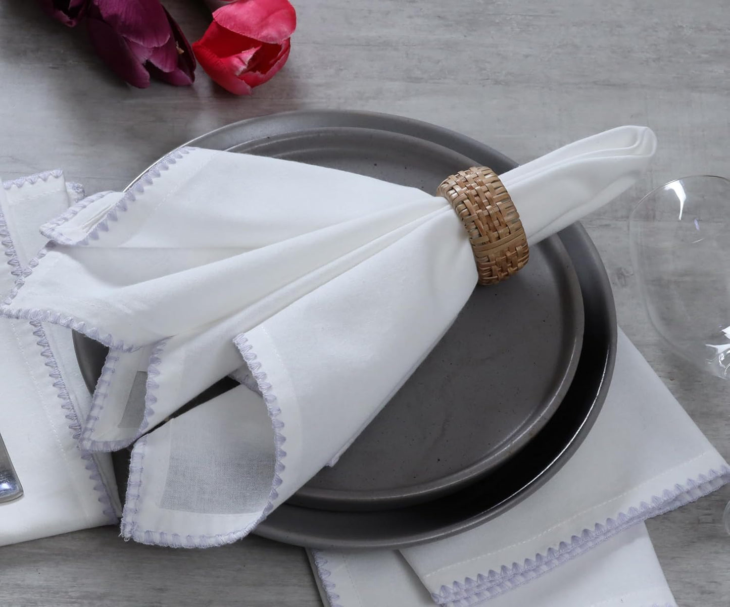 Bedding Craft Cotton Cloth Dinner Napkins Set of 12 – 18x18 Lavender Blue Napkins with Colored Edge Embroidery – Washable Fabric Napkins for Wedding Table Décor, Restaurants, Events & Everyday Dining