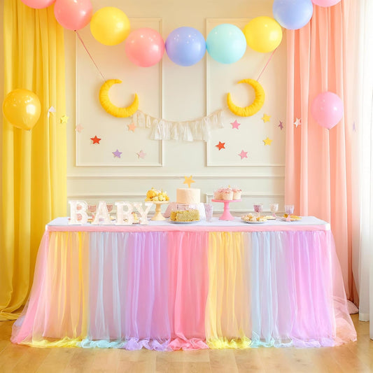 Rainbow Table Skirt for Baby Shower Girl Birthday Party 14ft Colorful Tulle Tutu Table Skirt Decorations for Gender Reveal Unicorn Theme Party Cake Dessert Decorations(L14(ft) H 30in, Rainbow)