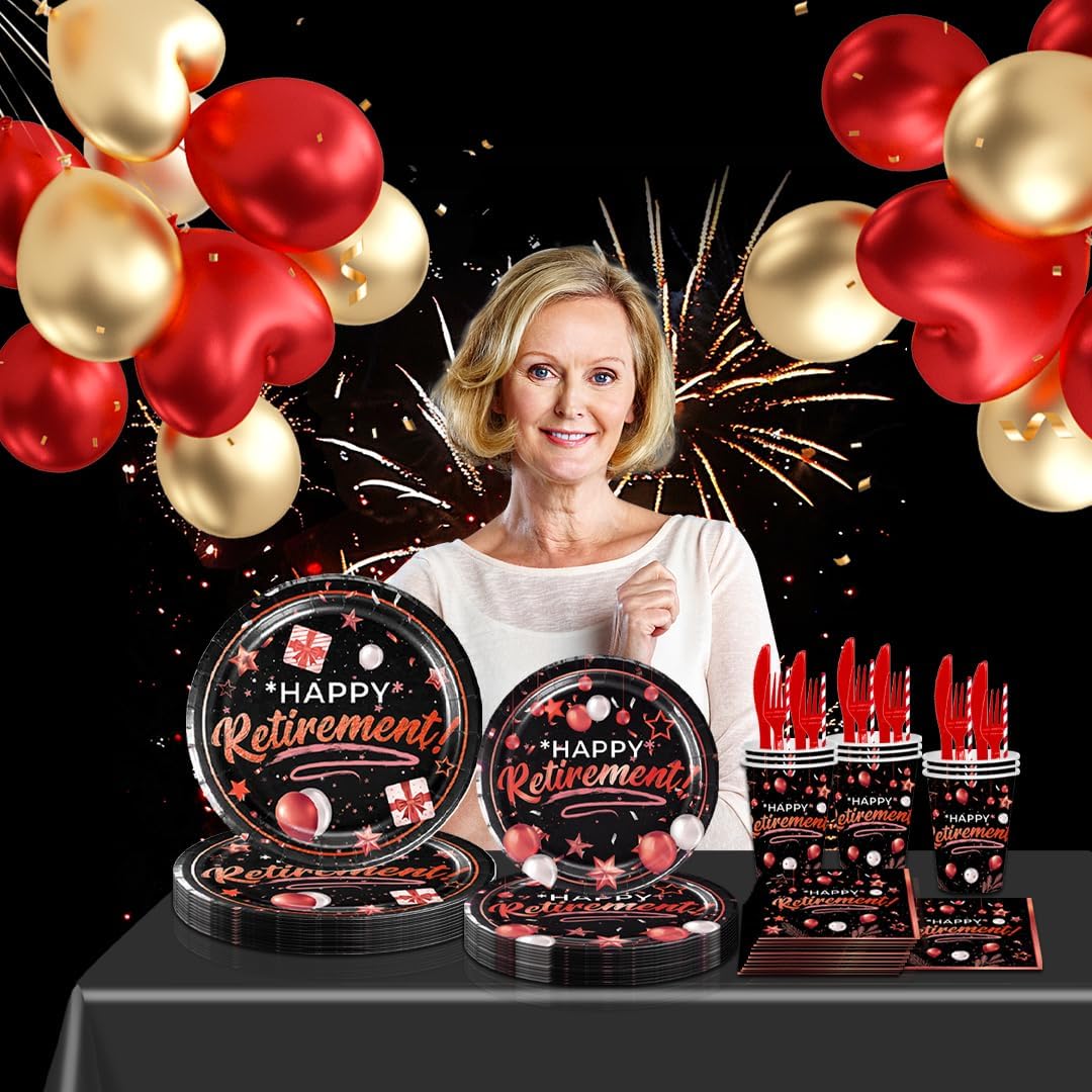 141pcs Retirement Party Decorations,Black Red Party disposable tableware Includes Dinner Plate Dessert Plate Paper Napkin Cup Knife Fork Straws Tablecloth Black Red Rose Gold Retirement Supplies set