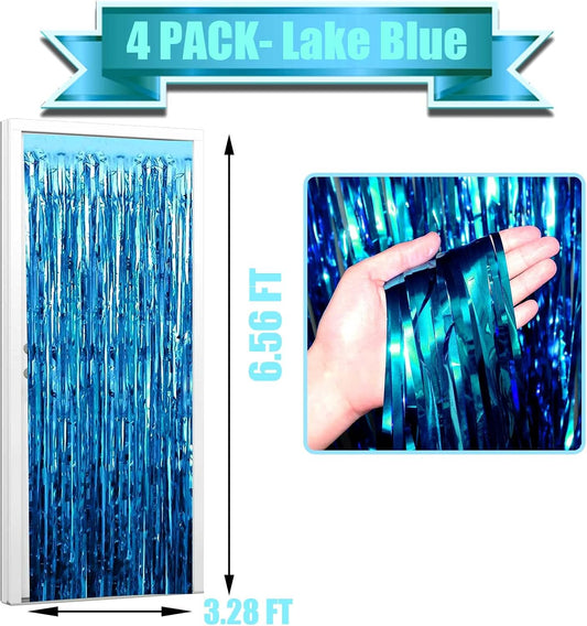 4 Pack Lake Blue Foil Fringe Curtain Backdrop, 3.28Ft x 6.56Ft Metallic Tinsel Foil Fringe Streamers Curtains, turquoise,red, Macaron Orange 6.25Ft