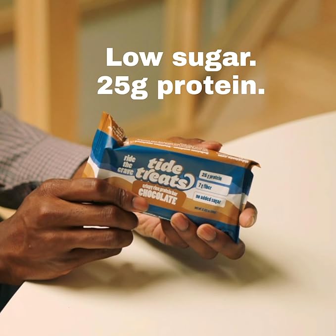 Crispy Rice Protein Treat Peanut Butter Bar | 25 g Protein, No Added Sugar, 7 g Fiber, Gluten Free | High Protein Snack for On-the-Go, Post-Workout or Dessert Cravings | 8 Count | TideTreats