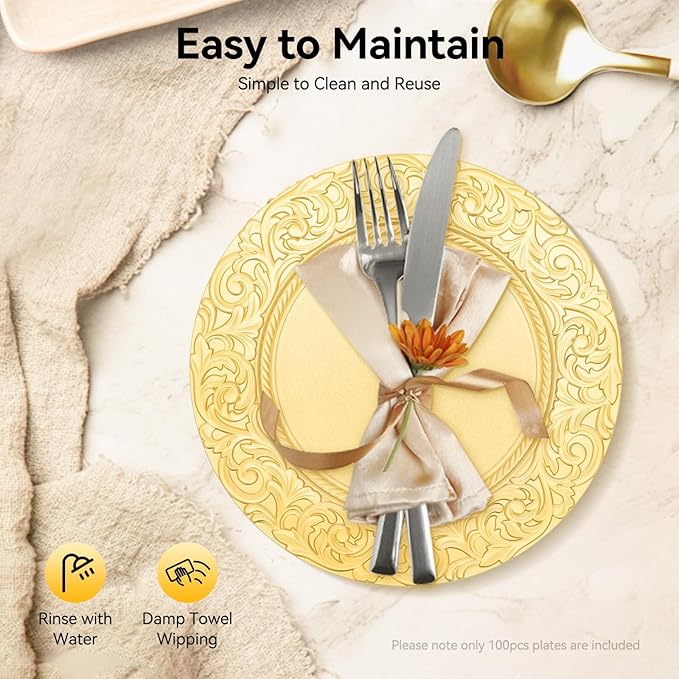 100 Pcs Gold Charger Plates Bulk, 13 Inch Antique Charger Plate Set Plastic Embossed Dinner Plate Reusable Plates for Table Setting Wedding Party (Gold)