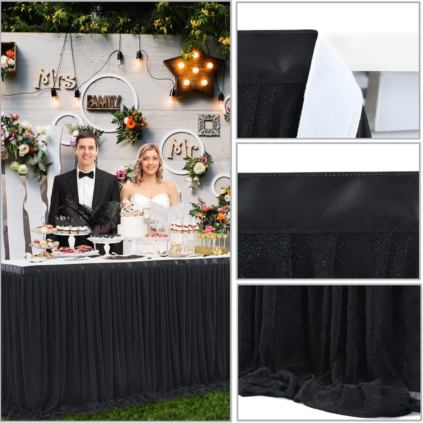 6ft Black Table Skirt for Birthday Party Ruffle Tutu Table Skirt Tulle Tablecloth for Graduation Baby Shower Wedding Black Gold Theme Party Dessert Buffet Banquet Decorations