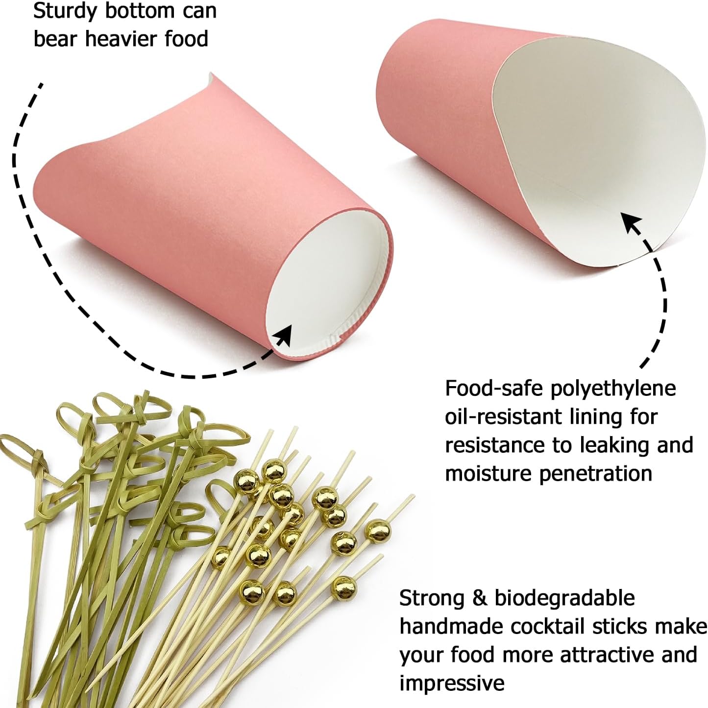 CAMKYDE 50 Charcuterie Cups + 200 Cocktail Picks + 56 Labels, 12 oz Disposable Charcuterie Cups with Sticks (2 Types), French Fry Cup Pink Paper Appetizer Cup for all Occasions (Pink)