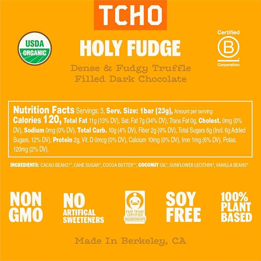 TCHO Holy Fudge 76% Dark Chocolate Bars (10 pack) | Single Origin, Plant Based, Organic & Fair Trade, | Non GMO, Non-Dairy, Vegan Chocolate, Soy Free (2.5oz each)