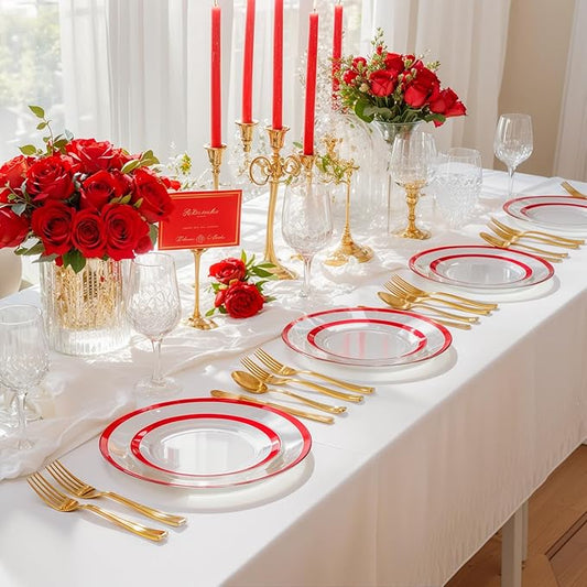 supernal 120pcs Clear and Red Plastic Plates Disposable Heavy Duty Fancy Unique Red Disposable Dinnerware Include Dinner and Dessert Size Perfect for Valentine's Day Party and Wedding