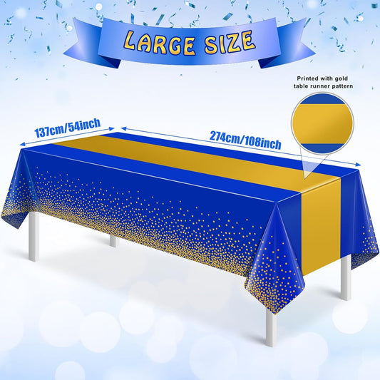 3Pcs Blue and Gold Tablecloth Party Decorations,Plastic Royal Blue Table Cloth Printed Gold Tables Runner Disposable Rectangle Table Cover for Birthday Anniversary Wedding Graduation Party,54 x108Inch