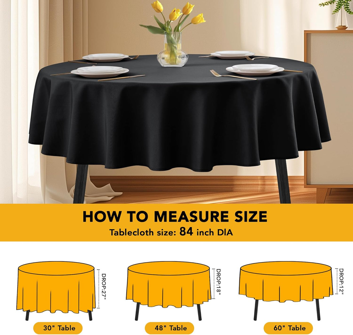 10-Pack Black Round Tablecloths, 84 Inches, Stain-Resistant Polyester for 3-5 Ft Round Tables - Washable Table Covers for Weddings, Banquets, Birthday Parties, Events