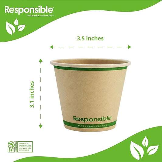 Responsible Products 8 oz Paper Hot Cups (Squat), Tree-Less™ Compostable Paper Coffee Cups, Extra Strength, Tree-Free and Made Without PFAS, Natural Brown (1000 Count)