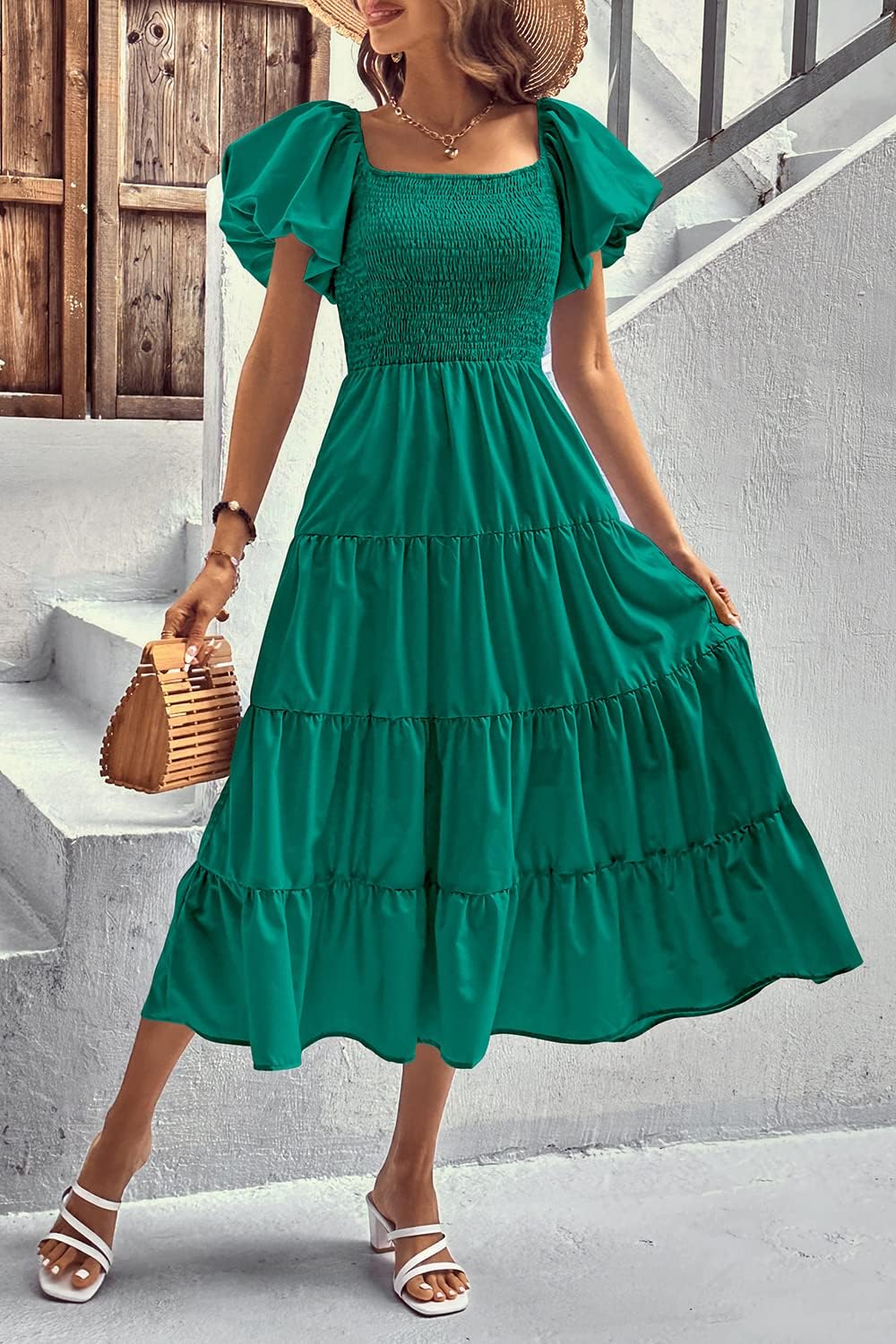 PRETTYGARDEN Women's Casual Summer Midi Dress Puffy Short Sleeve Square Neck Smocked Tiered Ruffle Dresses