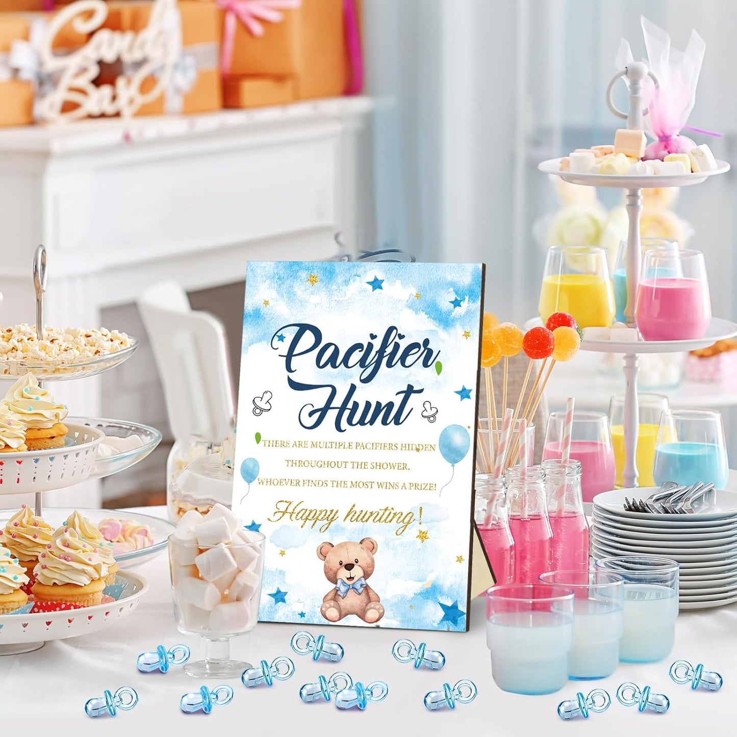 Thyle 51 Pcs Pacifier Hunt Baby Shower Games Include Hunt Sign and 50 Acrylic Pacifiers for Baby Shower Game Decoration Gift Sets Gender Reveal Party Decor(Blue Bear)