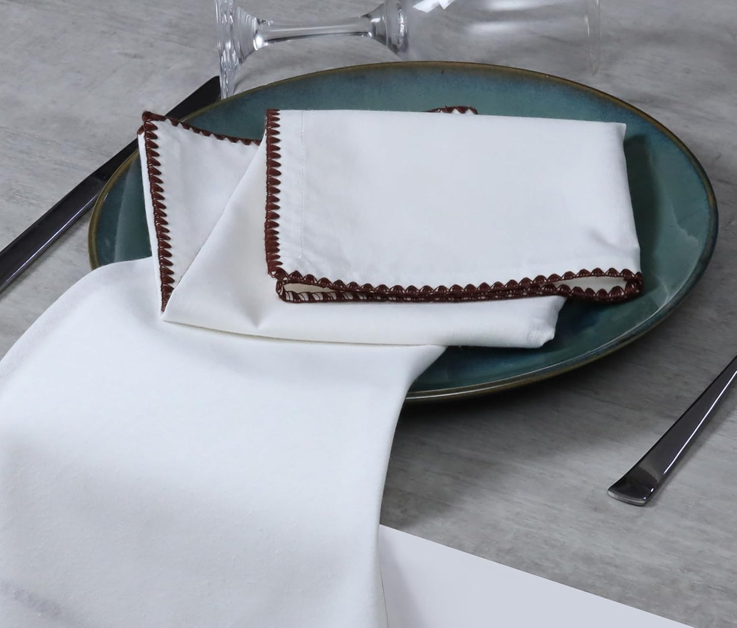 Bedding Craft Cotton Cloth Dinner Napkins Set of 12 – 18x18 Hot Chocolate Brown with Colored Edge Embroidery – Elegant Washable Wedding Napkins for Dining, Parties & Table Settings