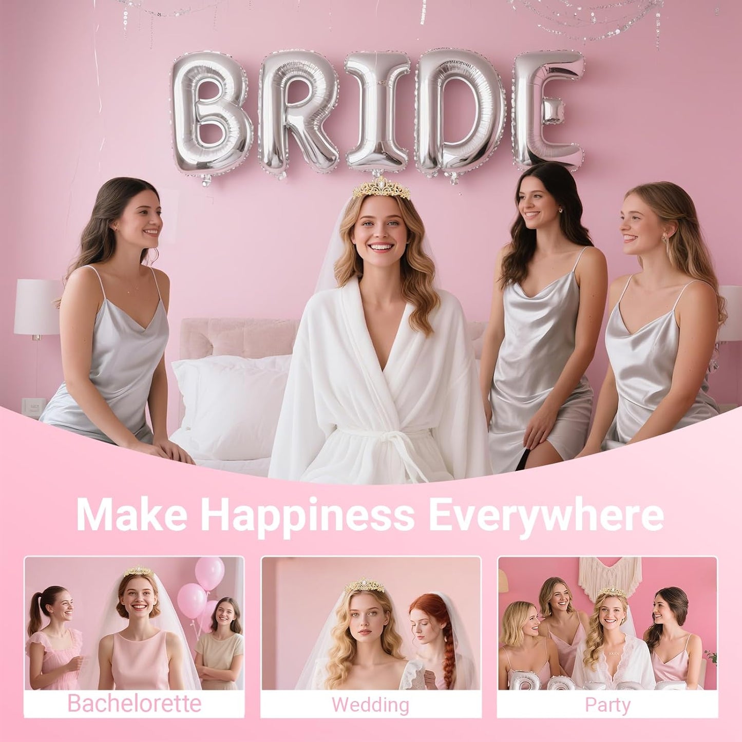 3Pcs Bride to Be Crown with Sash and Veil for Bachelorette Party Decorations, Bridal Shower Accessories for Gift, Favors