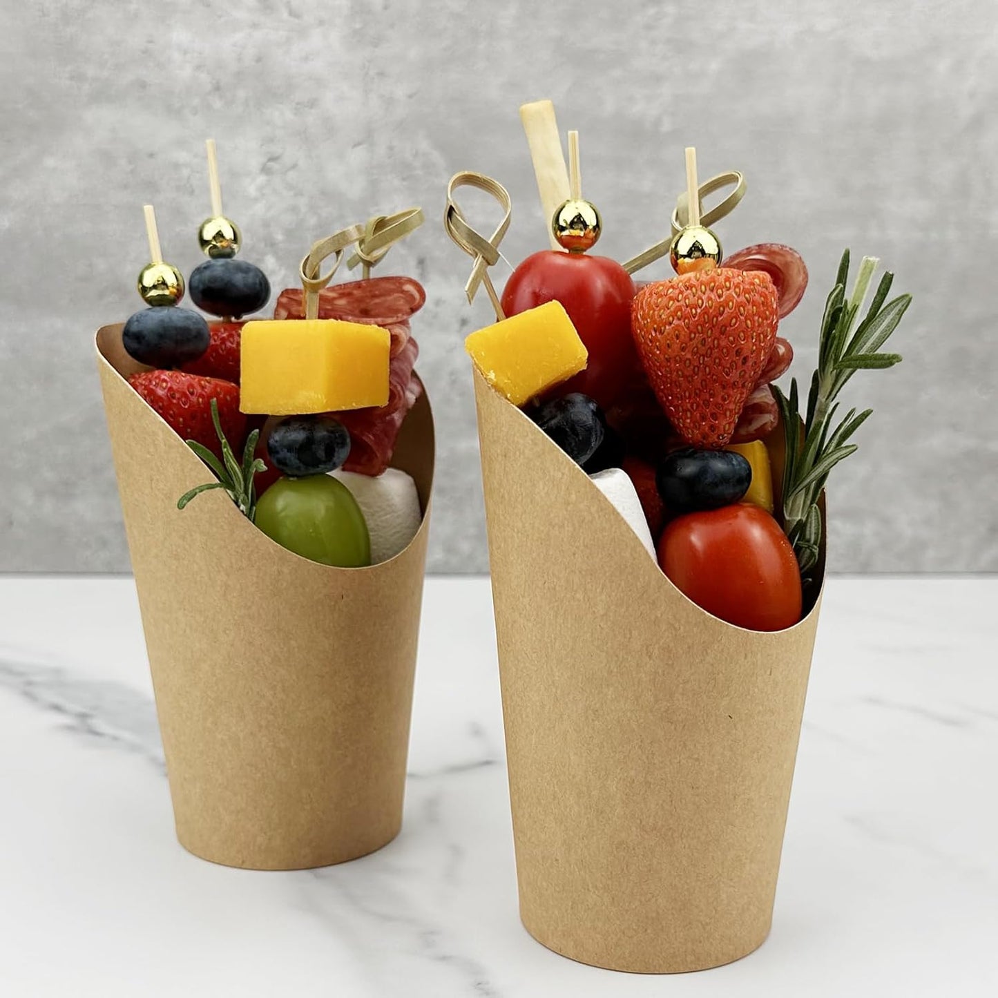 CAMKYDE 50 Charcuterie Cups + 200 Cocktail Picks + 56 Labels, 12 oz Disposable Charcuterie Cups with Sticks (2 Types), French Fry Cup Brown Paper Appetizer Cup for all Occasions