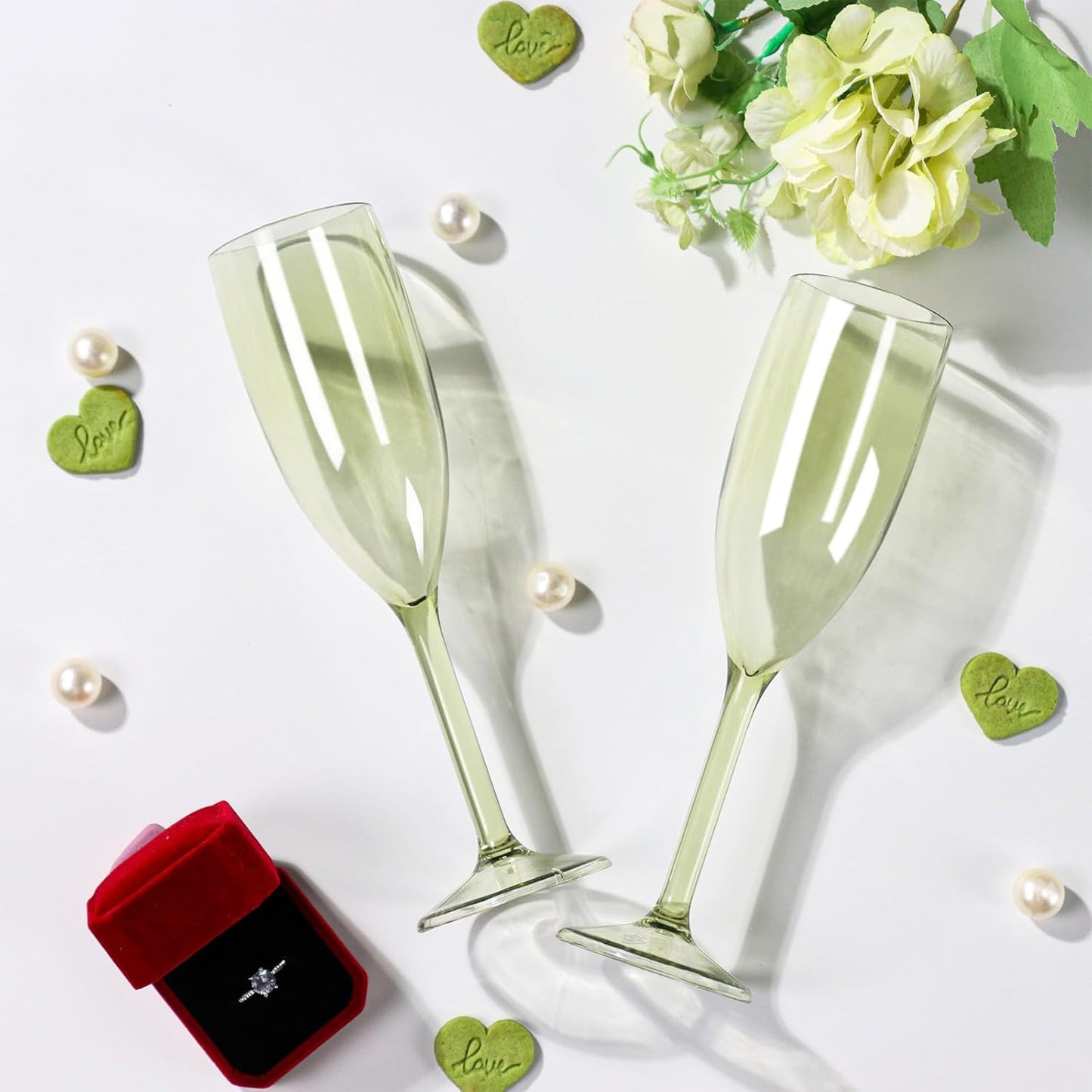 XUWAIDSGN 10 Pcs Champagne Flutes Plastic Wine Glasses Bulk Vintage Champagne Flutes Mimosa Bar Glasses Stemmed Drinking Cups 5.4OZ for Christmas Birthday Wedding Bride (10, Sage Green)
