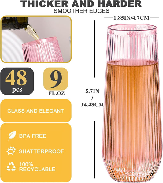 48 Pack Plastic Ribbed Champagne Flutes, 9 Oz Stemless Disposable Pink Clear Plastic Toasting Glasses Shatterproof Recyclable and BPA-Free Perfect For Wedding