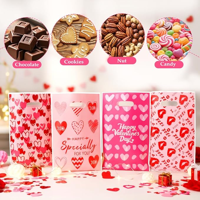 Valentines Treat Bags, 50 PCS Valentines Gift Bags with Handles, 7x10 Inch Plastic Happy Valentine's Day Goodie Cookie Candy Bag for Valentine's Day Wedding Anniversary Engagement Party Favor Supplies