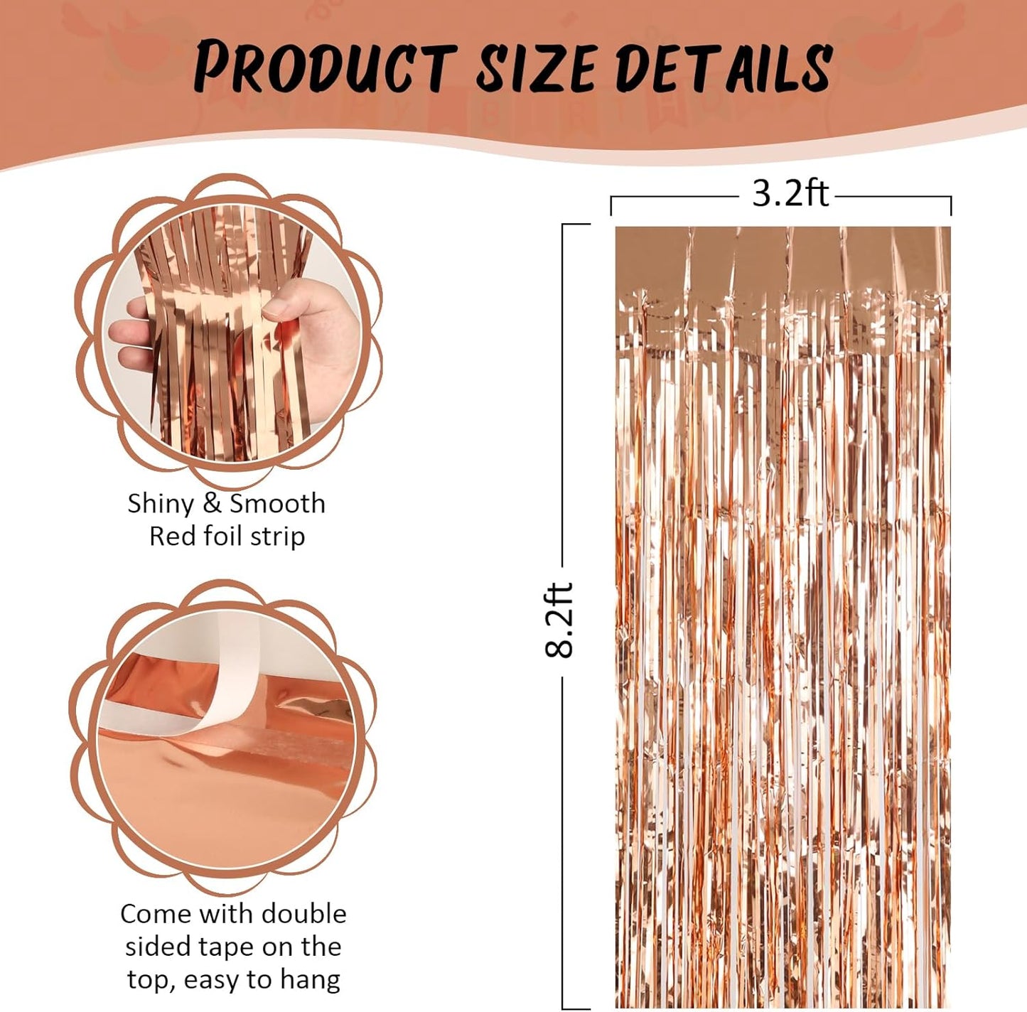 Accevo Rose Gold Foil Party Streamers 3Pack Metallic Tinsel Fringe Curtain 3.2ft x 8.2ft Streamer Curtains Anniversary Thanksgiving Christening Party Photo Booth Tinsel Curtain for Parties Decoration