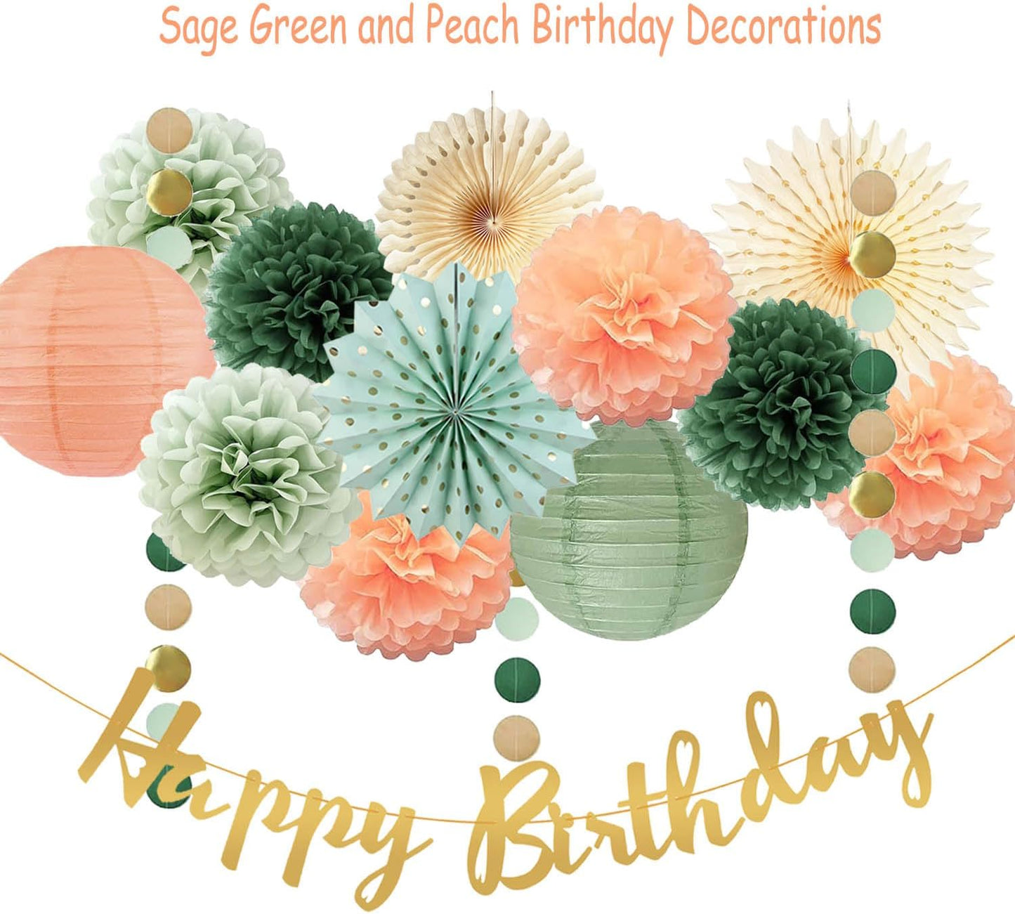 Sage Green and Peach Birthday Decorations - Olive Peach Tissue Paper Pom Poms, Hanging Paper Fans & Lantern, Gold Happy Birthday Banner for Olive Sage Green Peach Bday Baby Shower Decorations