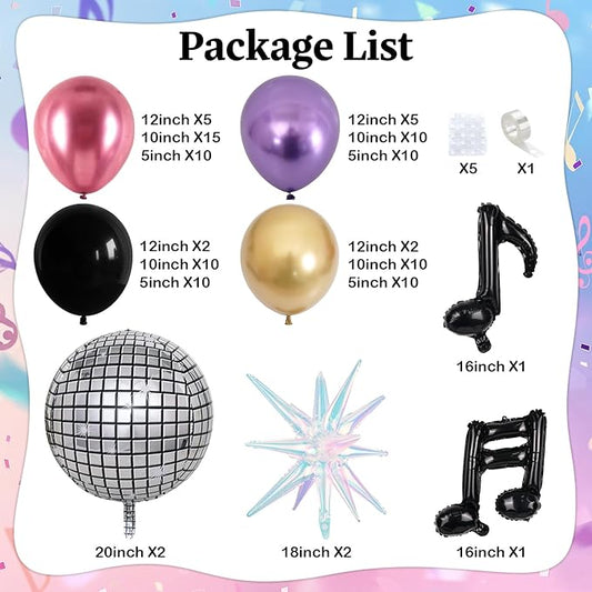 Disco Balloon Arch Kit, Metallic Chrome Red Purple Gold Black Kpop Balloon Garland with Foil Star Music Note Balloons for Kpop Music Decoration 80s 90s Disco Birthday Galaxy Theme Grad Prom Graduation
