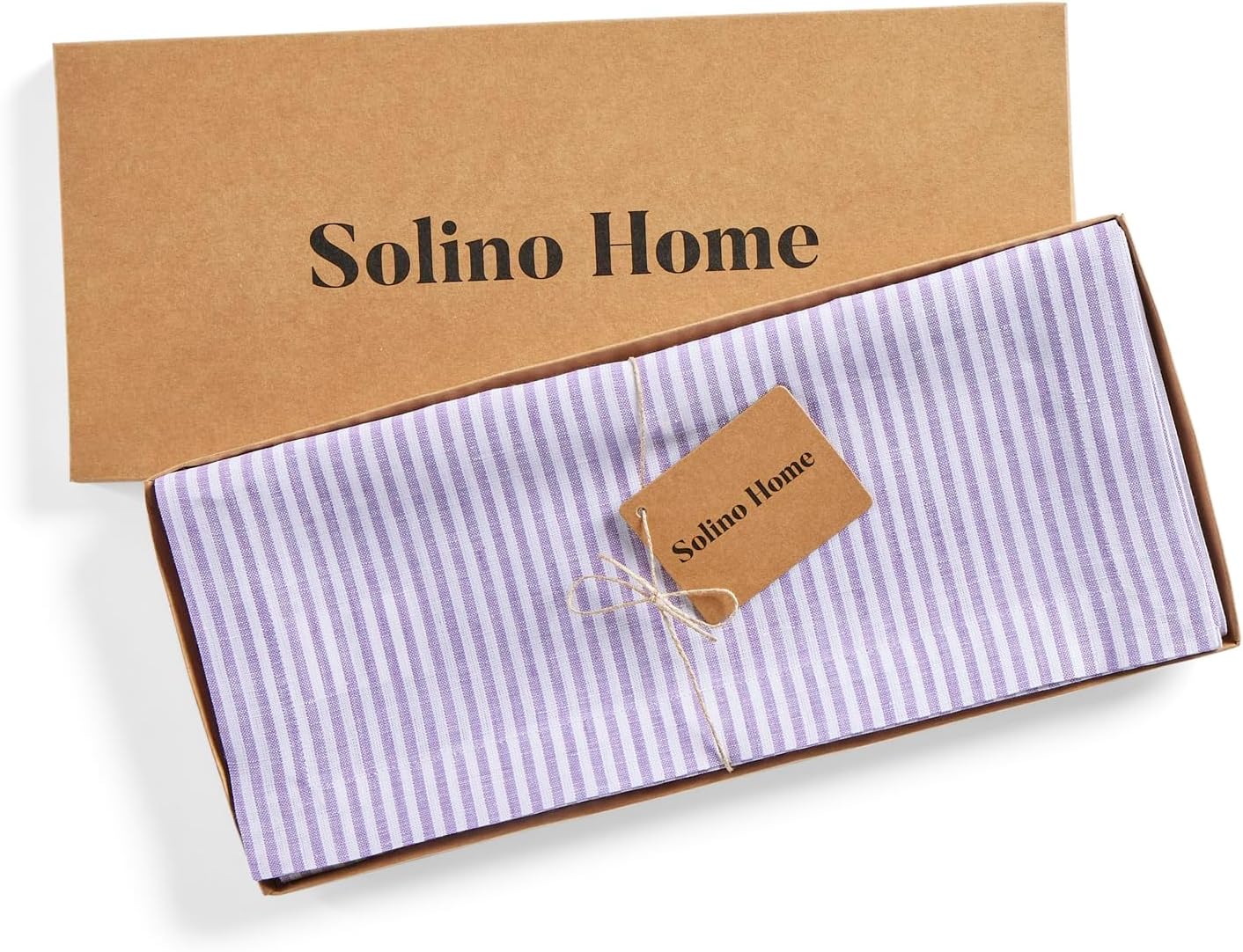 Solino Home Linen Striped Table Runner 132 Inches Long - Narrow Stripe 100% Pure Linen Lavender and White Dining Table Runner 14 x 132 Inch