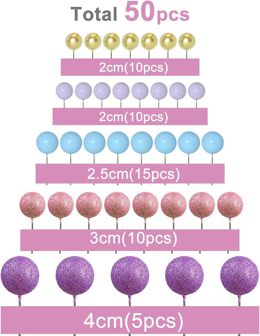 ASTARON 50 Pcs Ball Cake Topper Sticks Mini Balloons for Cake Decorating Supplies Foam Balls Cake decorations for Party Cake Birthday Cake Toppers Decorations (Pink,Purple,Blue)