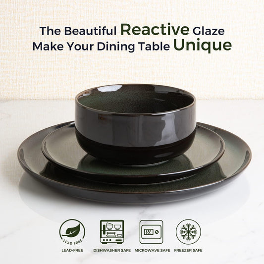 LERATIO Ceramic Plates Set of 6, 8.5 Inch Reactive Glaze Light Weight Porcelain Salad Plates,Modern Shape Dinnerware Dishes Set for Kitchen,Microwave&Dishwasher&Oven Safe,Resistant-Green