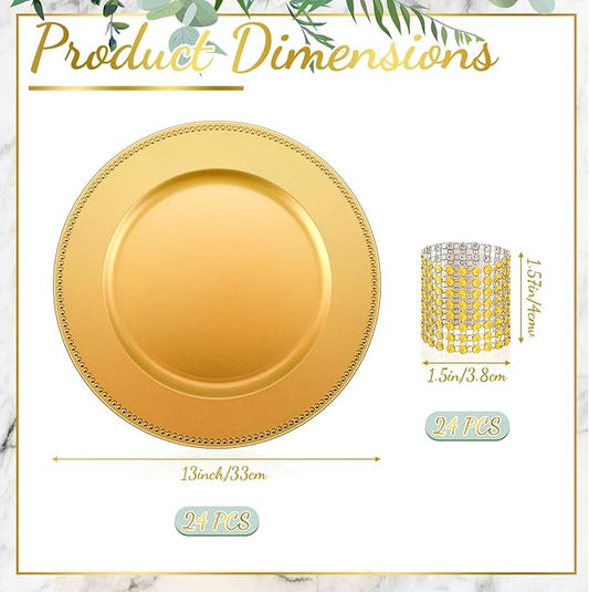 Rtteri 48 Pcs Charger Plates Set, Bulk 24 Plastic Plate Chargers with 24 Napkin Rings, 13 Inch Round Dinner Chargers for Table Setting Wedding Party Baby Shower Event Decoration(Gold)