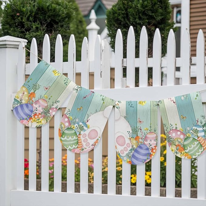 Cute Easter Bunny Banner 4Pcs Indoor Outdoor Hanging Banner Flag Eucalyptus Leaves Colorful Eggs Wooden Sign for Fireplace Mantel Decorative Bunting Garland Valance for Shop Door Decor 7.9"x11.8"