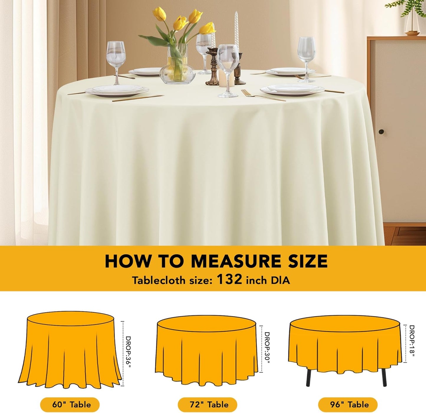 6-Pack Ivory Round Tablecloths, 132 Inches, Stain-Resistant Polyester for 6-8 Ft Round Tables - Washable Table Covers for Weddings, Banquets, Birthday Parties, Events