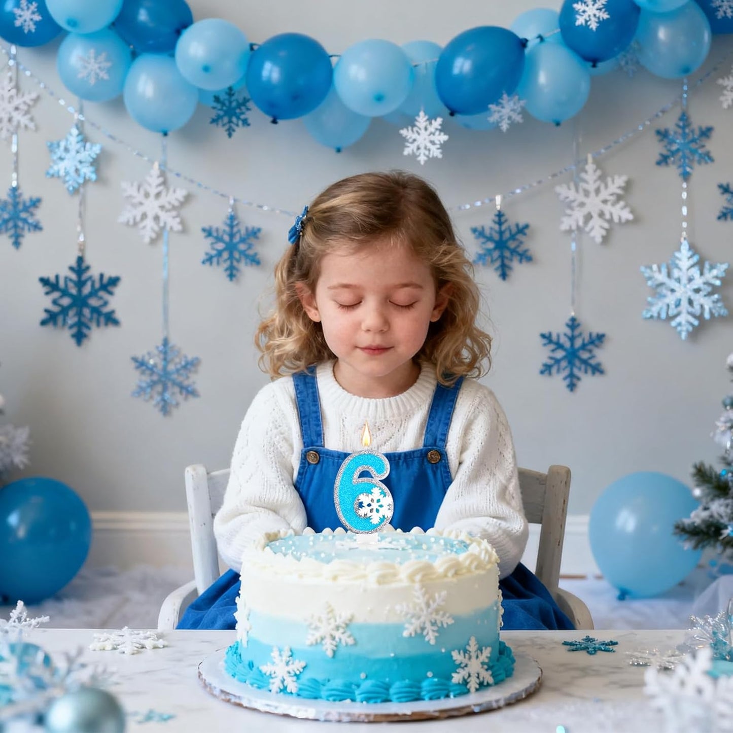 Frozen Themed Birthday Candles Party Decorations, Blue and Silver Number 6 Birthday Candle, Happy Birthday Candle for Cake, Snowflake Cake Topper Decoration for 6th 6 Year Old Party Favor Supplies