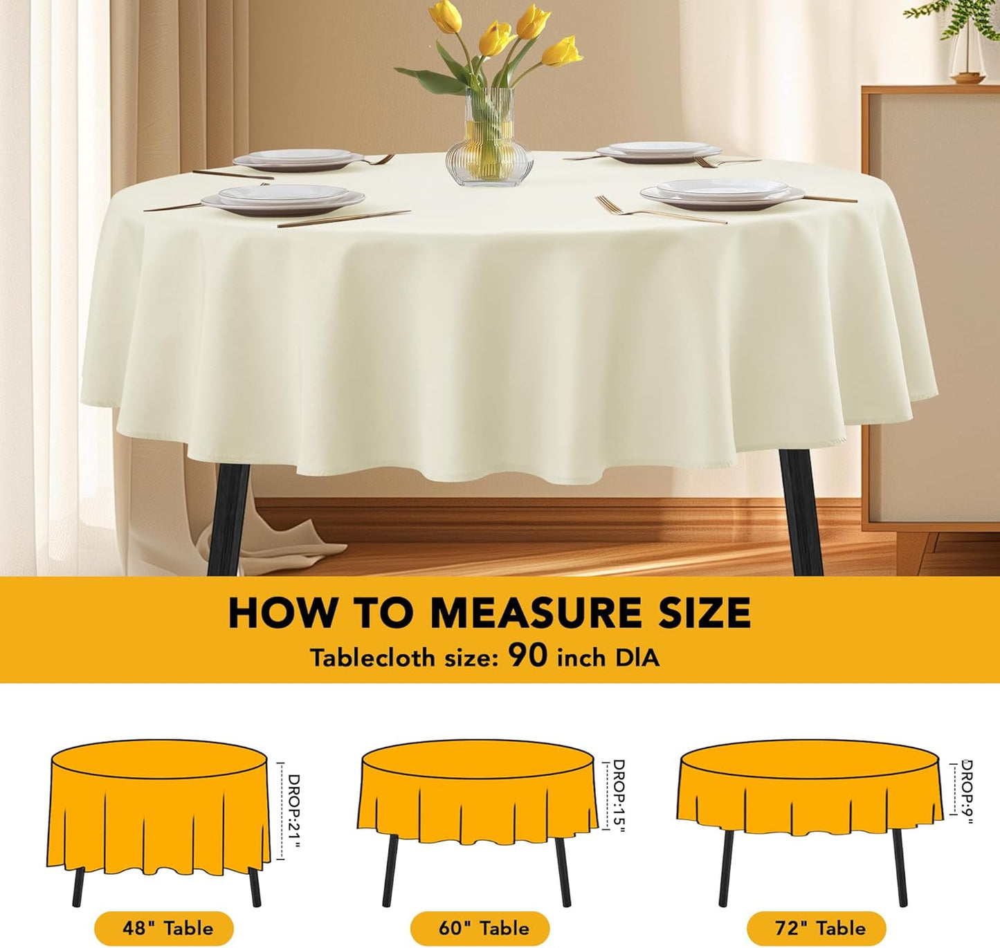 10-Pack Ivory Round Tablecloths, 90 Inches, Stain-Resistant Polyester for 4-5 Ft Round Tables - Washable Table Covers for Weddings, Banquets, Birthday Parties, Events
