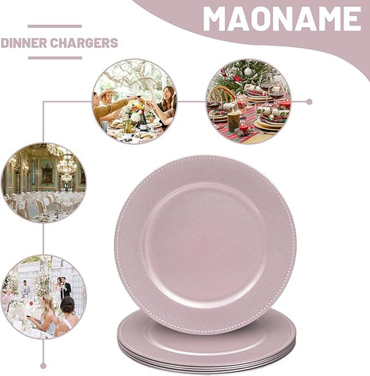 MAONAME 13" Pink Charger Plates, Plastic Plate Chargers with Beaded, Round Charger for Dinner Plates, Plate Chargers for Wedding, Table Decor, Set of 6