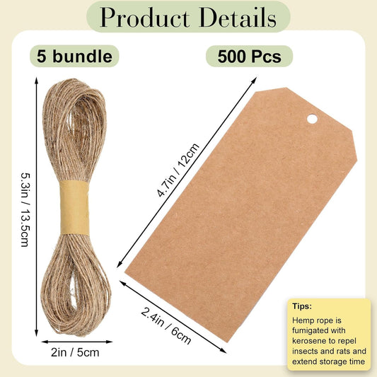 500 Pcs Kraft Paper Gift Tags with String 4.7" x 2.4" Cardboard Price Tag Name Tag Vintage Wedding Birthday Hang Brown Tags with Twine Blank Gift Tag for Wedding Birthday Holiday Art & Craft