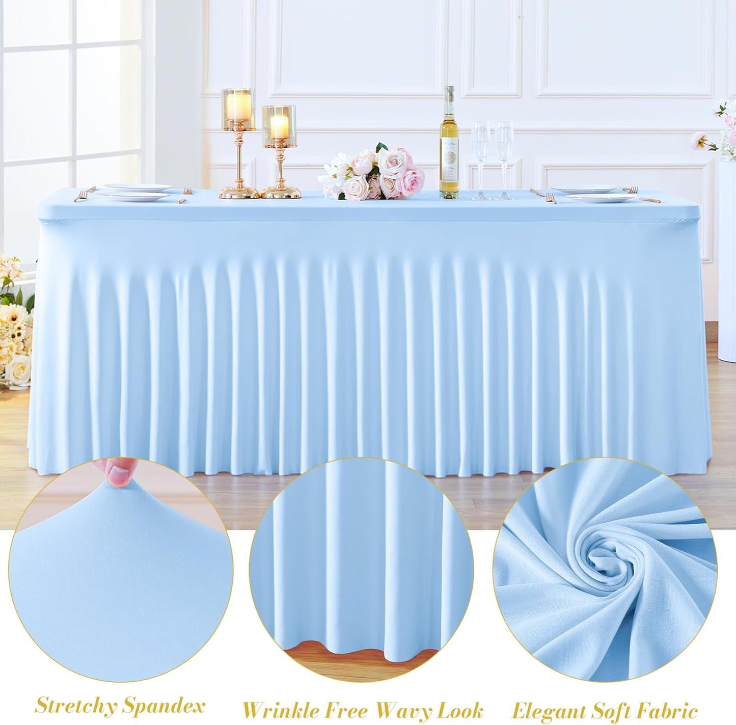 8 Pack Spandex Baby Blue Fitted Table Cloth for 6ft Rectangle Tables Baby Blue Stretch Tablecloth Table Covers Skirt Banquet Wrinkle Free Tablecloths for Parties Wedding