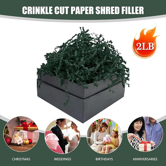 Crinkle Cut Paper Shred Filler, 2 LB Dark Green Basket Filler Shredded Paper, Confetti Stuffing for Basket Filling, Halloween, Thanksgiving, Christmas, Birthdays, Gift Wrapping, Stuffer Party Supplies