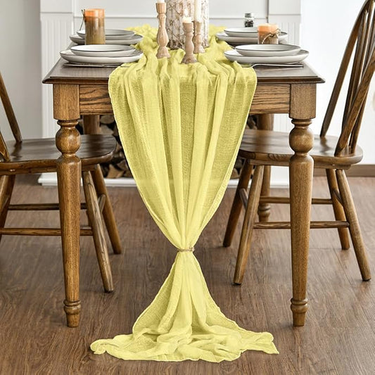 Artoid Mode Boho Light Yellow Gauze Wedding Table Runner, 120 Inch Seasonal Fabric Kitchen Dining Holiday Table Decor for Home Party Indoor