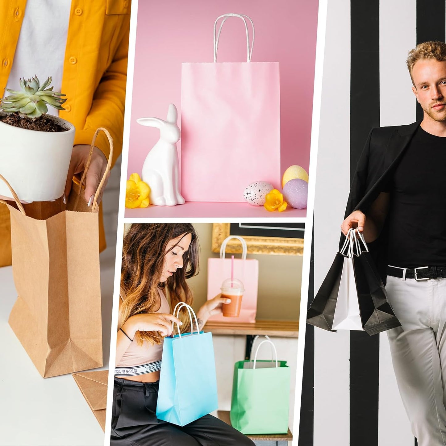 SUNEE 100Pcs Brown Paper Bags with Handles, 8x4.3x10.7 Inchs Gift Bags Bulk Medium Size, Kraft Paper Gift Bags for Party, Favor, Shopping, Grocery,Craft, Takeout Packaging and Bakery
