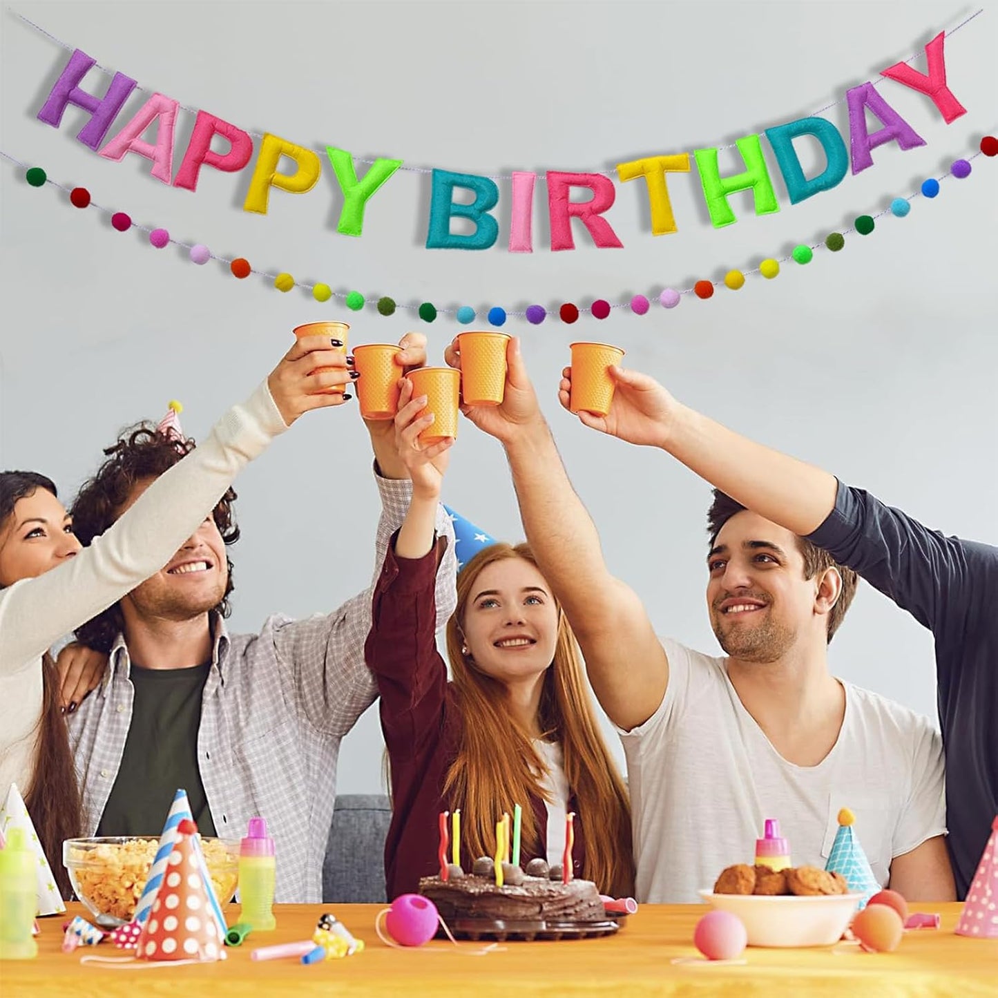 Happy Birthday Banner Rainbow Felt Ball Garland Pre-Strung Happy Birthday Sign for Party Backdrop Decorations Photo Prop