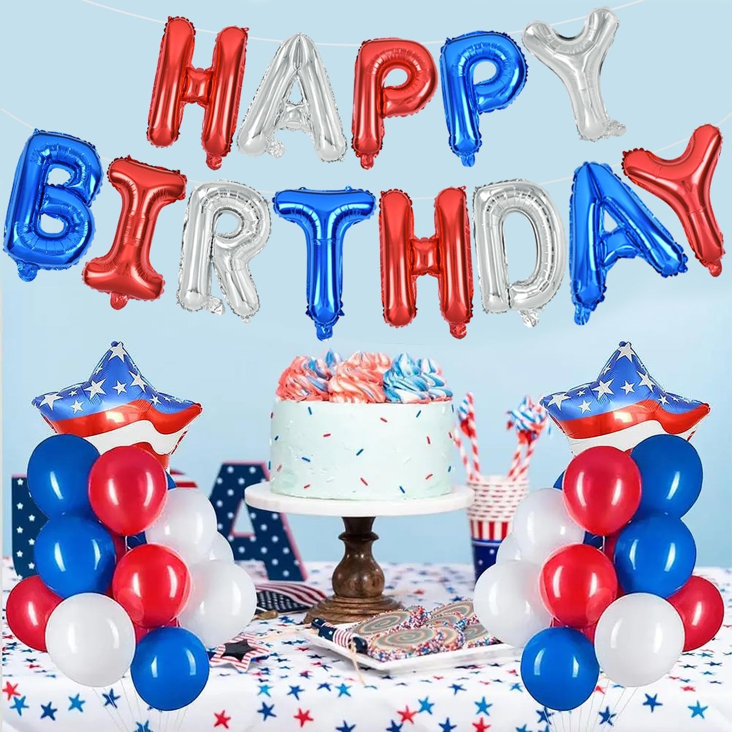 TONIFUL Happy Birthday Balloons Banner 16 Inch Mylar Letters Birthday Sign Banner Balloon Bunting Reusable for Patriotic Party Supplies Independence Day Labor Day Birthday Party(Blue Silver Red)