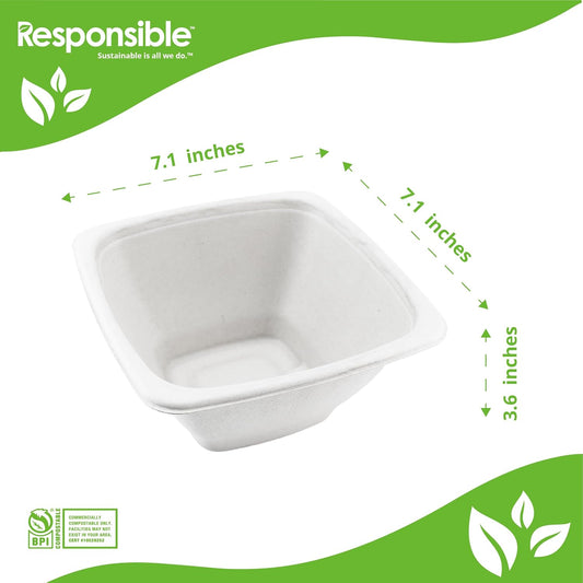 100% Compostable Square Serving Bowls, 48 oz Disposable Paper Bowls, Microwave Safe, Freezer Safe, Soup Safe, No Plastic, Eco-Friendly, Tree-Free, No PFAS. White (200 Count)