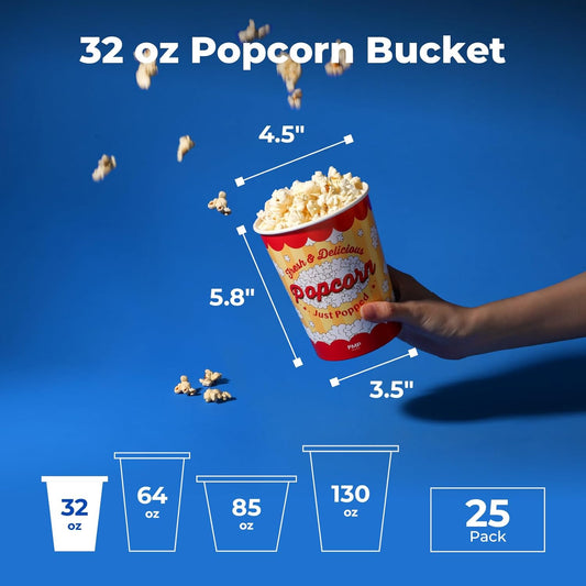 Fit Meal Prep 25 Pack Classic Paper Popcorn Buckets Disposable, 32 Oz Grease Resistant Popcorn Bowls Cups for Machine Home Theater Carnival Movie Night