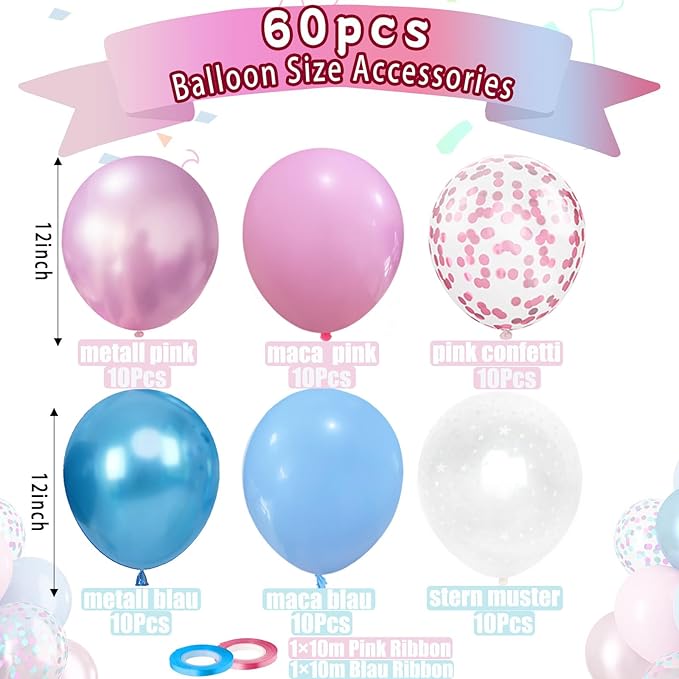 Gender Reveal Pink and Blue Balloons Set, 60 Piece 12 Inch Macaron Confetti Star Pattern Balloons with Ribbon for Birthday Wedding Baby Party Decorations