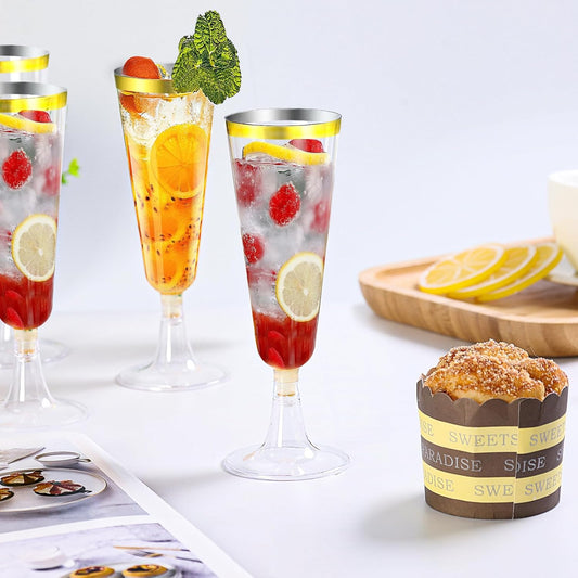 SUREHOME Champagne Flutes Plastic Champagne Glasses Disposable 100 Pack 5 Oz Gold Rim Mimosa Glasses Acrylic Wedding Toasting Cocktail Cups for 2025 Graduation Decorations Birthday Party Supplies